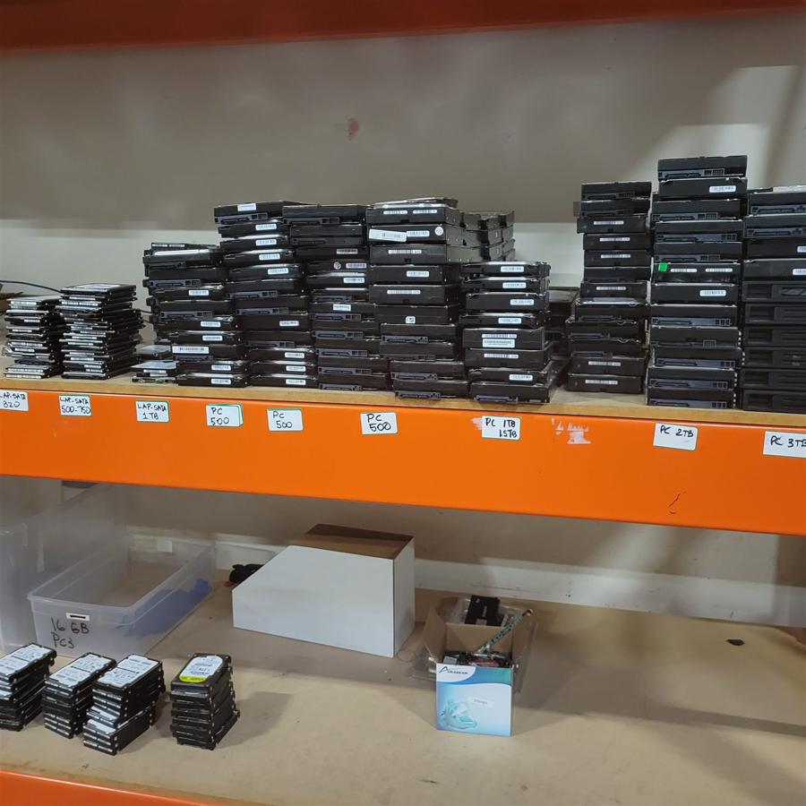 Recovered drives staged and sorted on warehouse racking